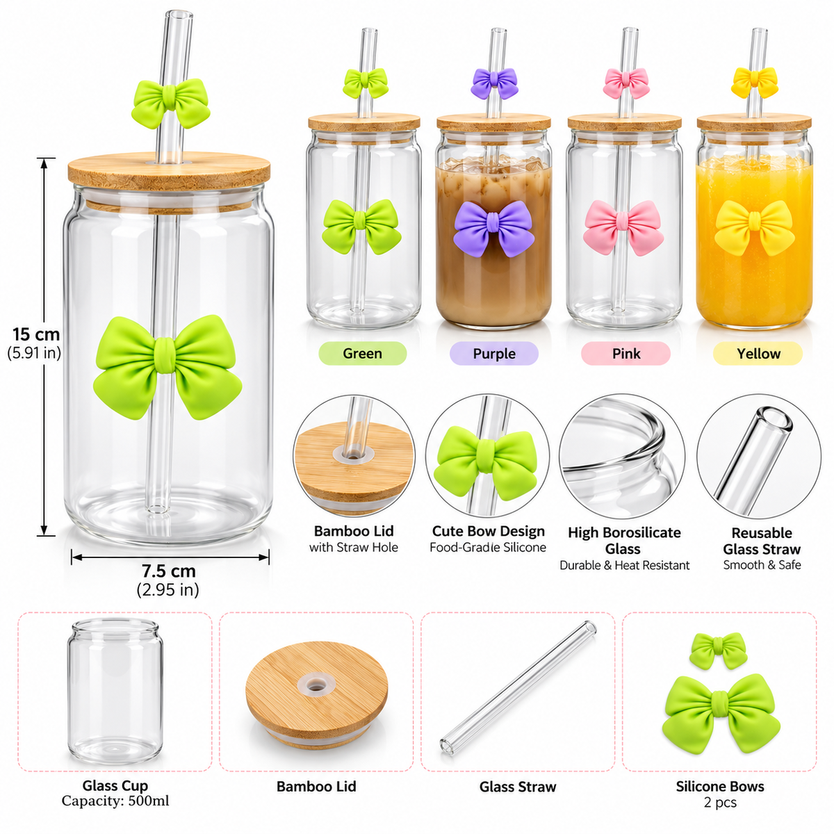 Bow Style Mason Jar – Aesthetic Glass Tumbler with Bamboo Lid