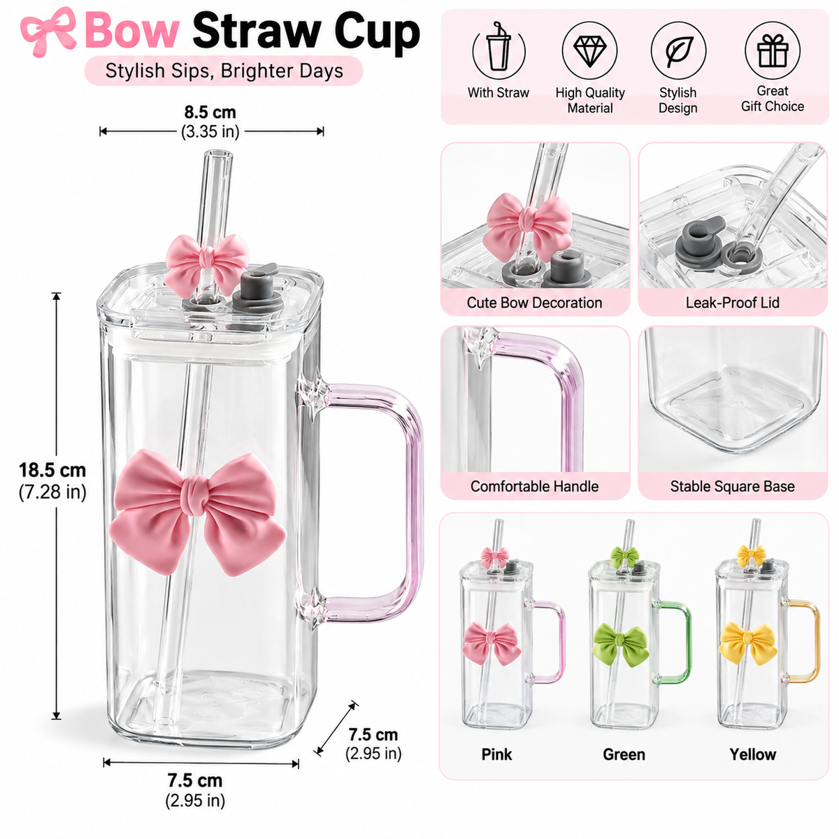 Cute Doodle Bow Glass Cup (350ml)– Coffee, Tea & Juice Mug