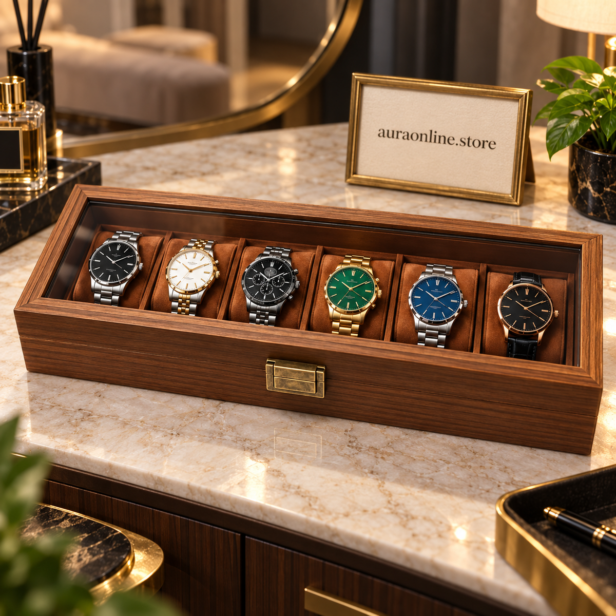 Wood Grain Leather Watch Box with Glass Lid