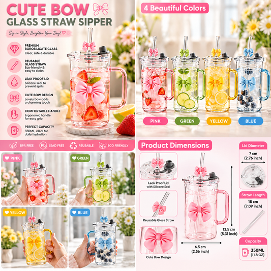 Cute Doodle Bow Glass Cup 350ml – Coffee, Tea & Juice Mug