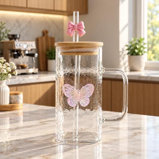 Butterfly Square Iced Tea Glass with Lid & Straw (350ml)