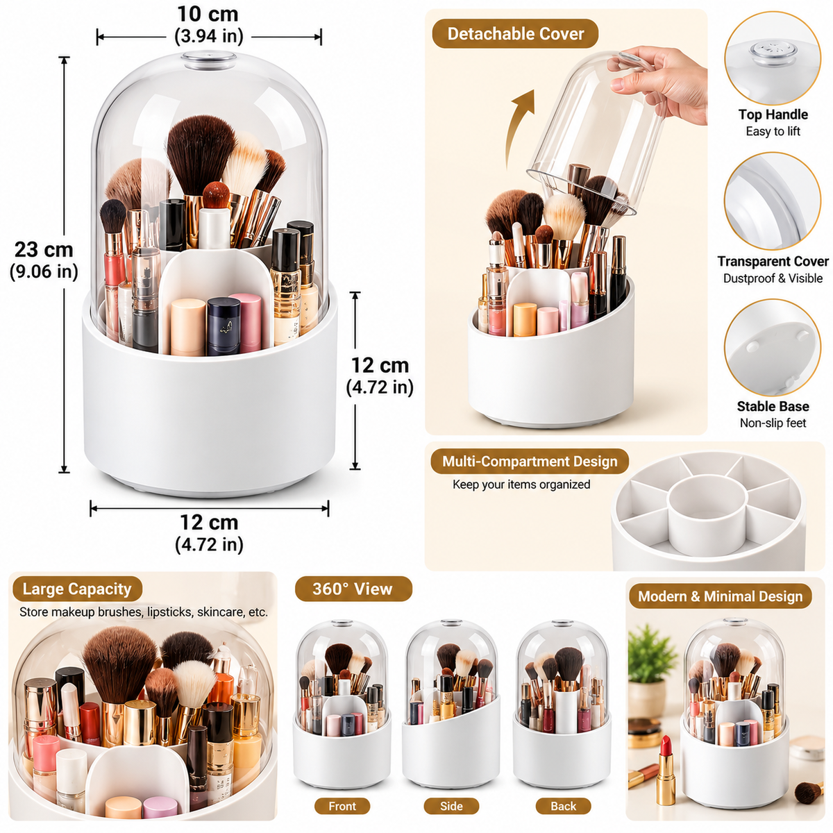360° Rotating Makeup Brush Holder with Dustproof Dome Lid – Vanity Organizer
