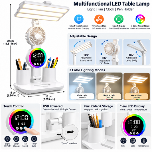 5-in-1 LED Fan Desk Lamp with Phone Holder - Rechargeable