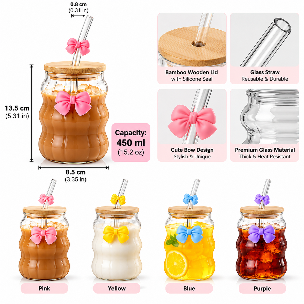 Bow Glass Water Cup with Straw – Cute Drinking Cup (400ml)