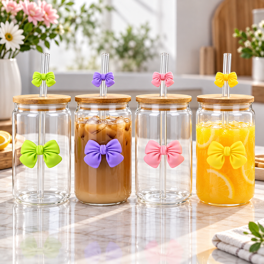 Bow Style Mason Jar – Aesthetic Glass Tumbler with Bamboo Lid