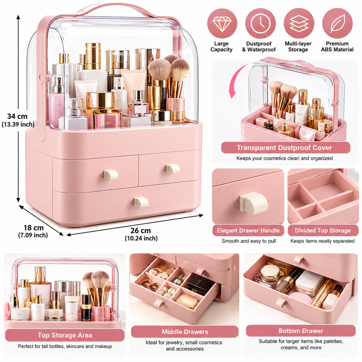 Double Sided Cosmetic Storage Box with Handle