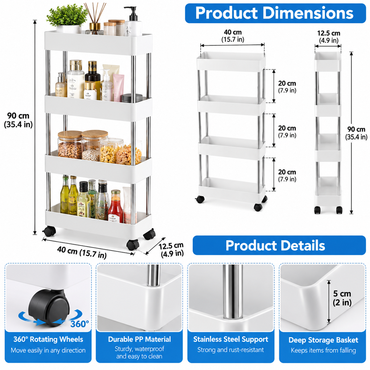 4-Tier Slim Rolling Storage Trolley – Space-Saving Organizer Rack