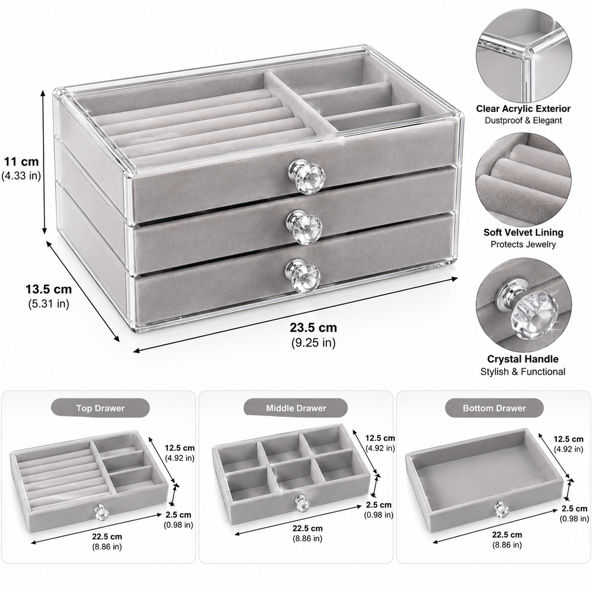 Acrylic Jewellery Organizer with 3 Drawers for Stylish Storage