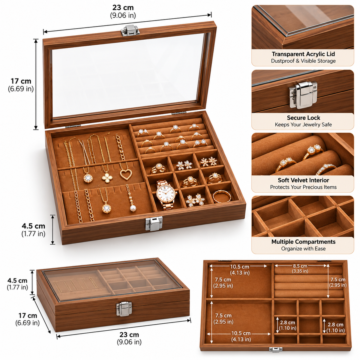 Wooden Jewelry Box with Compartment Tray