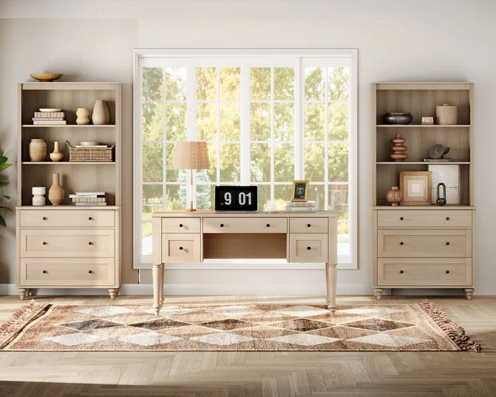 2 Piece Office Set, 56" Executive Desk & Set of 2 Bookcases with Drawers, Beige
