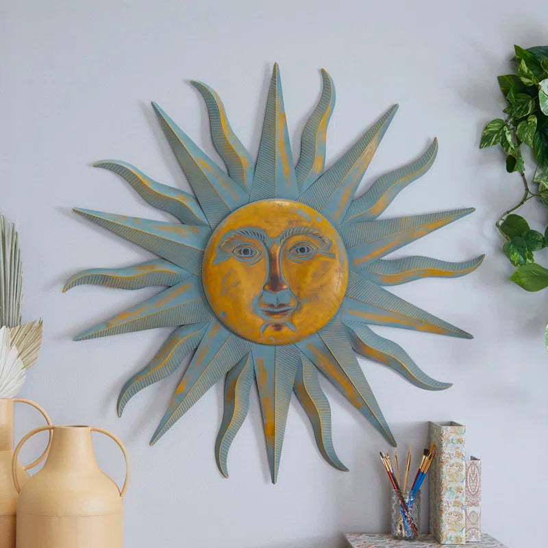 Elenna Gold Metal Indoor Outdoor Distressed Sunburst Wall Decor with Copper-Like Accents and Grooves