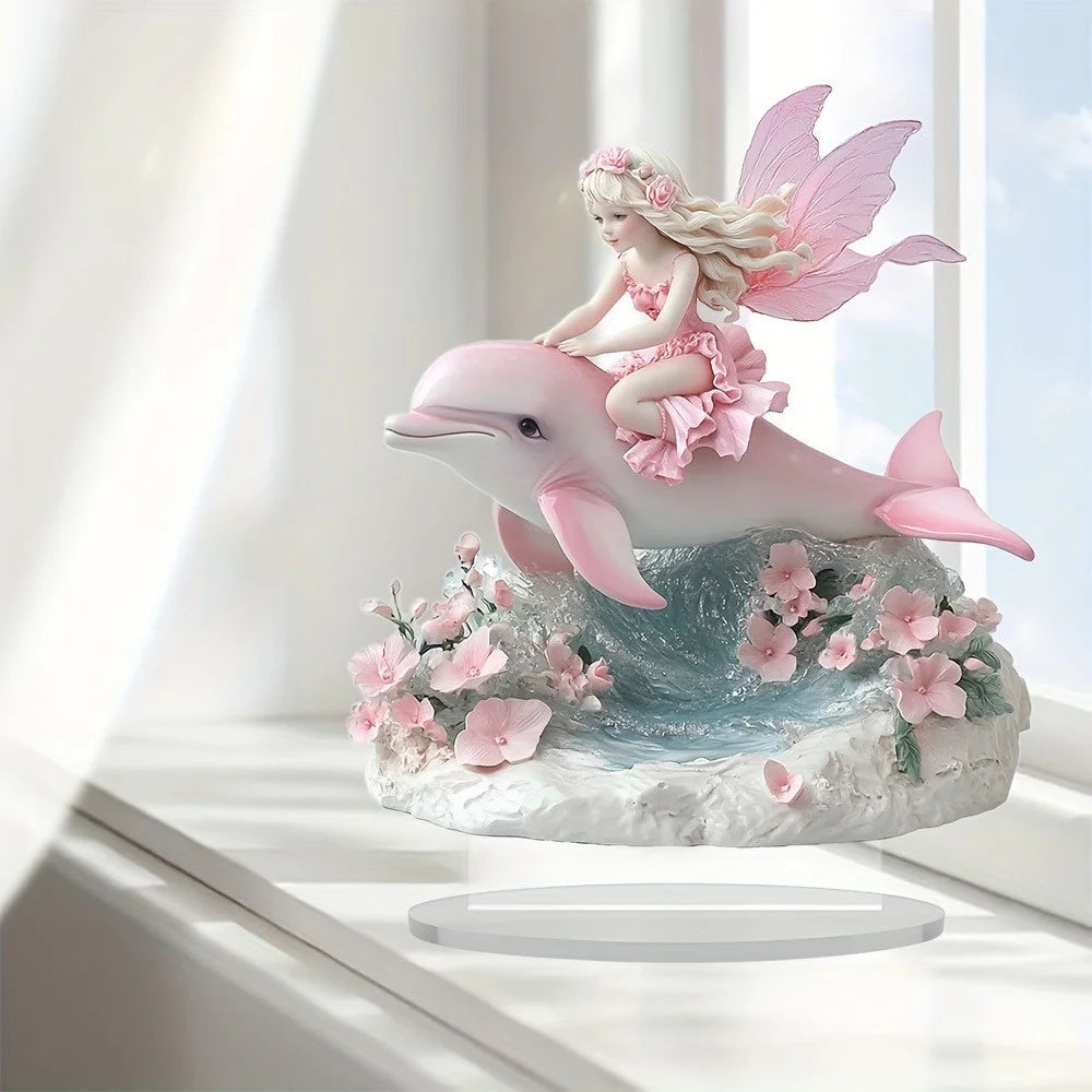 Pink Winged Fairy with Dolphin Statue Figurine Table Decor 2D Acrylic Plaque Whimsical Pink Fairy Figurines Bohe Home Decor Fairy Statues Tabletop Centerpiece Signs for Table Shelf Mantel Decorations