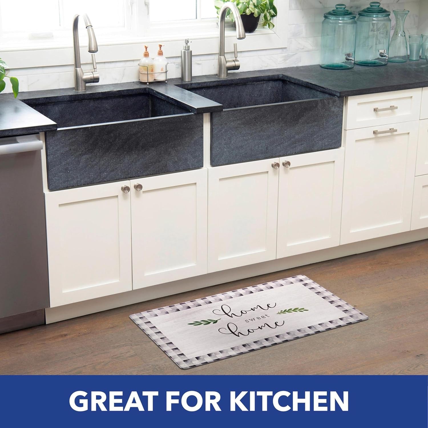 Cozy Living Home Sweet Home Buffalo Check Border Anti-Fatigue Kitchen Mat, Grey/Black, 17.5"X30"