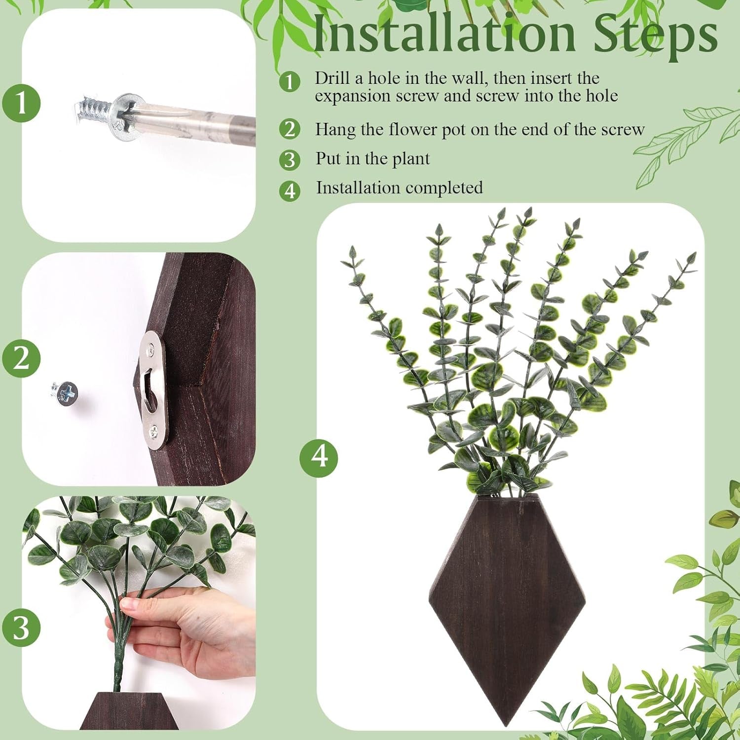 2 Pcs Wooden Wall Planter Decor Hanging Fake Plants Greenery Flowers Holder Vase Boxes for Wall Bohemian Farmhouse Room Kitchen Office Indoor Decoration(Brown,7.1 X 4.7 X 1.2 Inches)