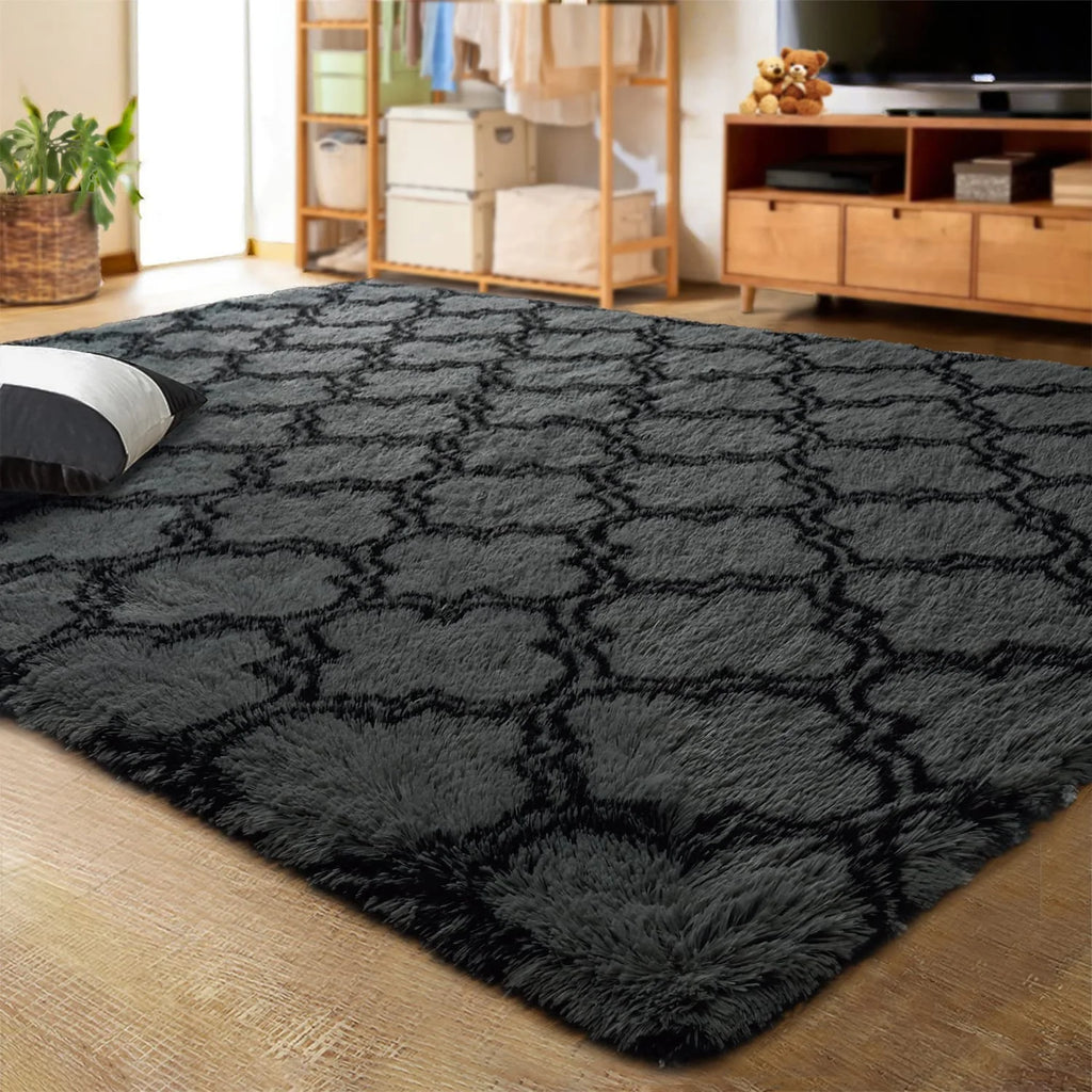 Shag Area Rug Geometric Plush Fluffy Rugs Soft Moroccan Carpets for Bedroom Living Room Floor Mat Home Decor,5X8Ft,Dark Grey/Black