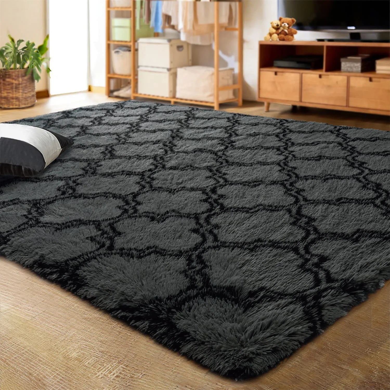 Shag Area Rug Geometric Plush Fluffy Rugs Soft Moroccan Carpets for Bedroom Living Room Floor Mat Home Decor,5X8Ft,Dark Grey/Black