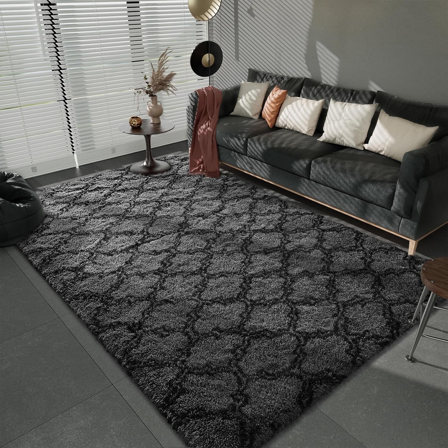 Shag Area Rug Geometric Plush Fluffy Rugs Soft Moroccan Carpets for Bedroom Living Room Floor Mat Home Decor,5X8Ft,Dark Grey/Black