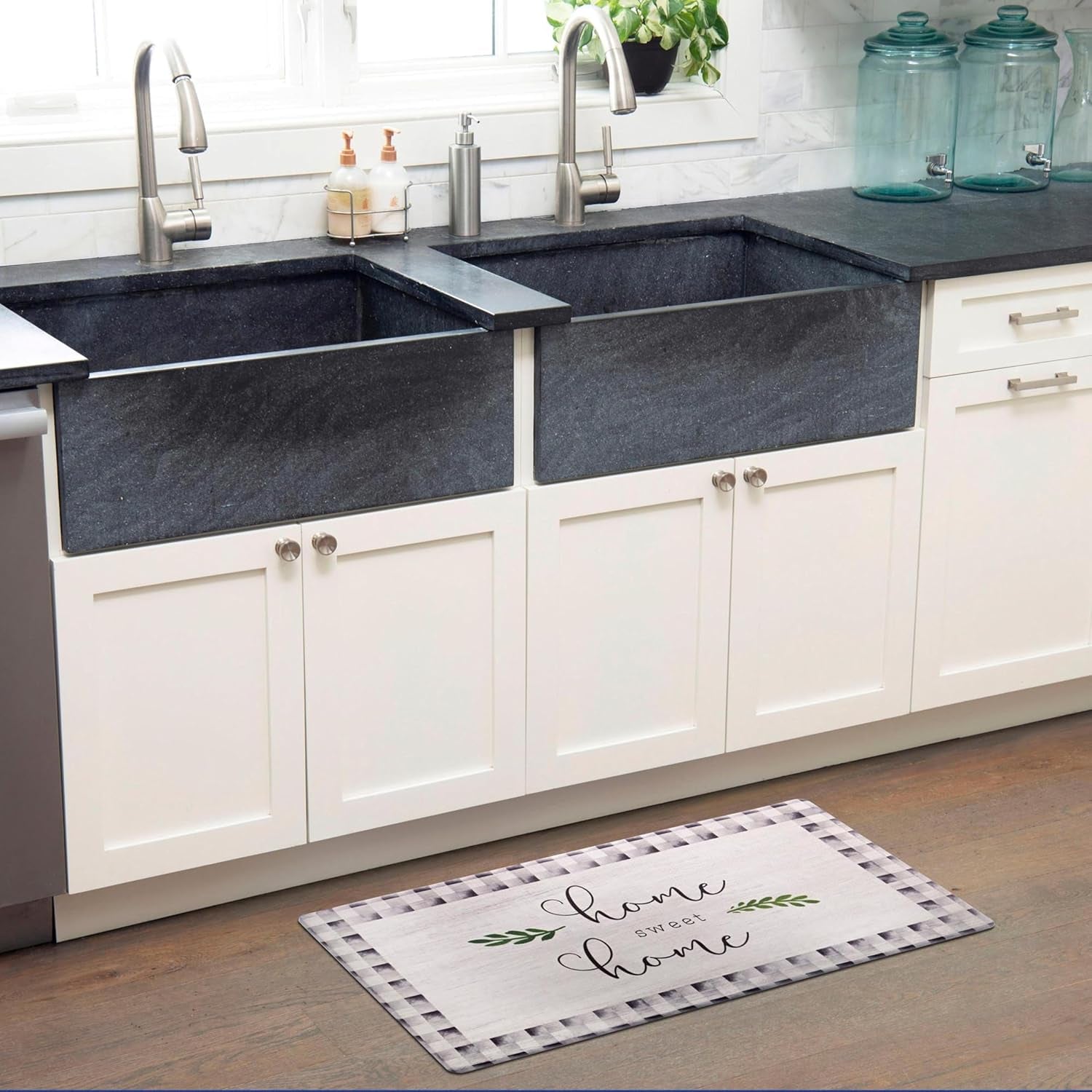 Cozy Living Home Sweet Home Buffalo Check Border Anti-Fatigue Kitchen Mat, Grey/Black, 17.5"X30"