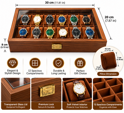 Wood Grain Leather Watch Box with Glass Lid