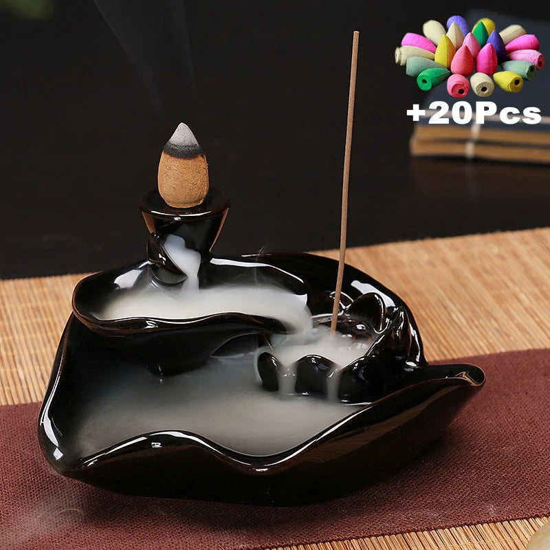 Free 20Pcs Incense Cones Creative Home Decor Backflow Stick Incense Burner Ceramic Censer Home Decoration Use in Home Teahouse