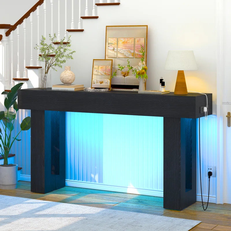 63 Inch Long Console Table with Outlets and Usb Ports, Wooden Sofa Table behind Couch with Led Lights, Farmhouse Rectangular Entryway Accent Table for Living Room, Hallway, Entrance