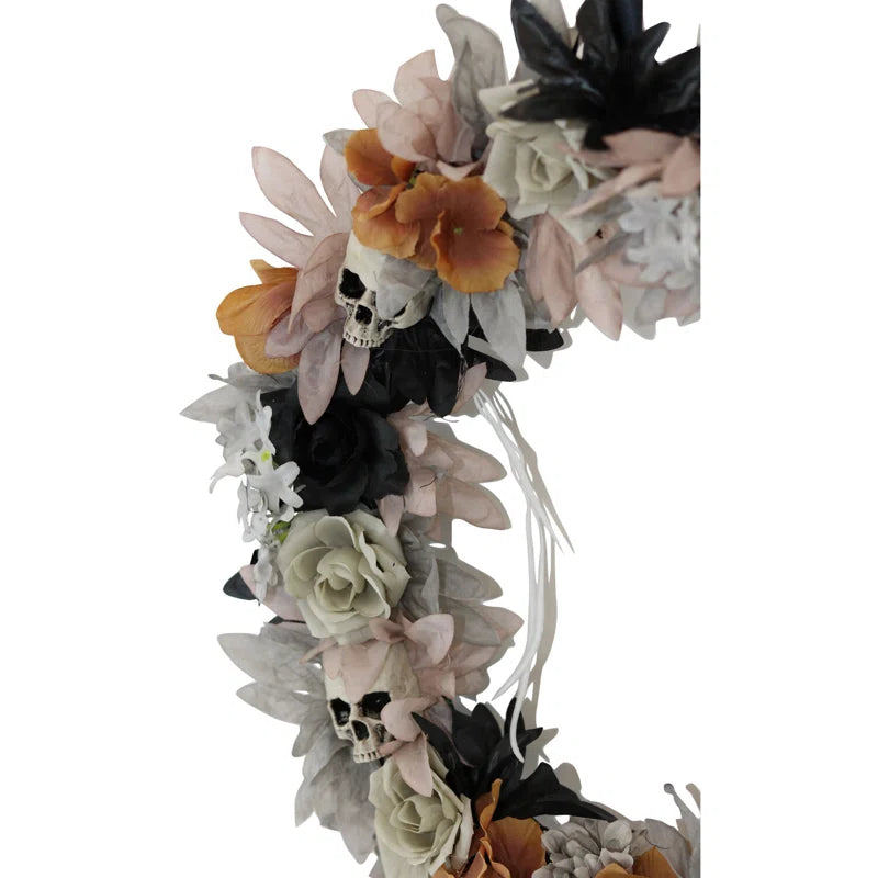 22-In. Gothic Skull Wreath with Multicolor Flowers, Indoor or Covered Outdoor