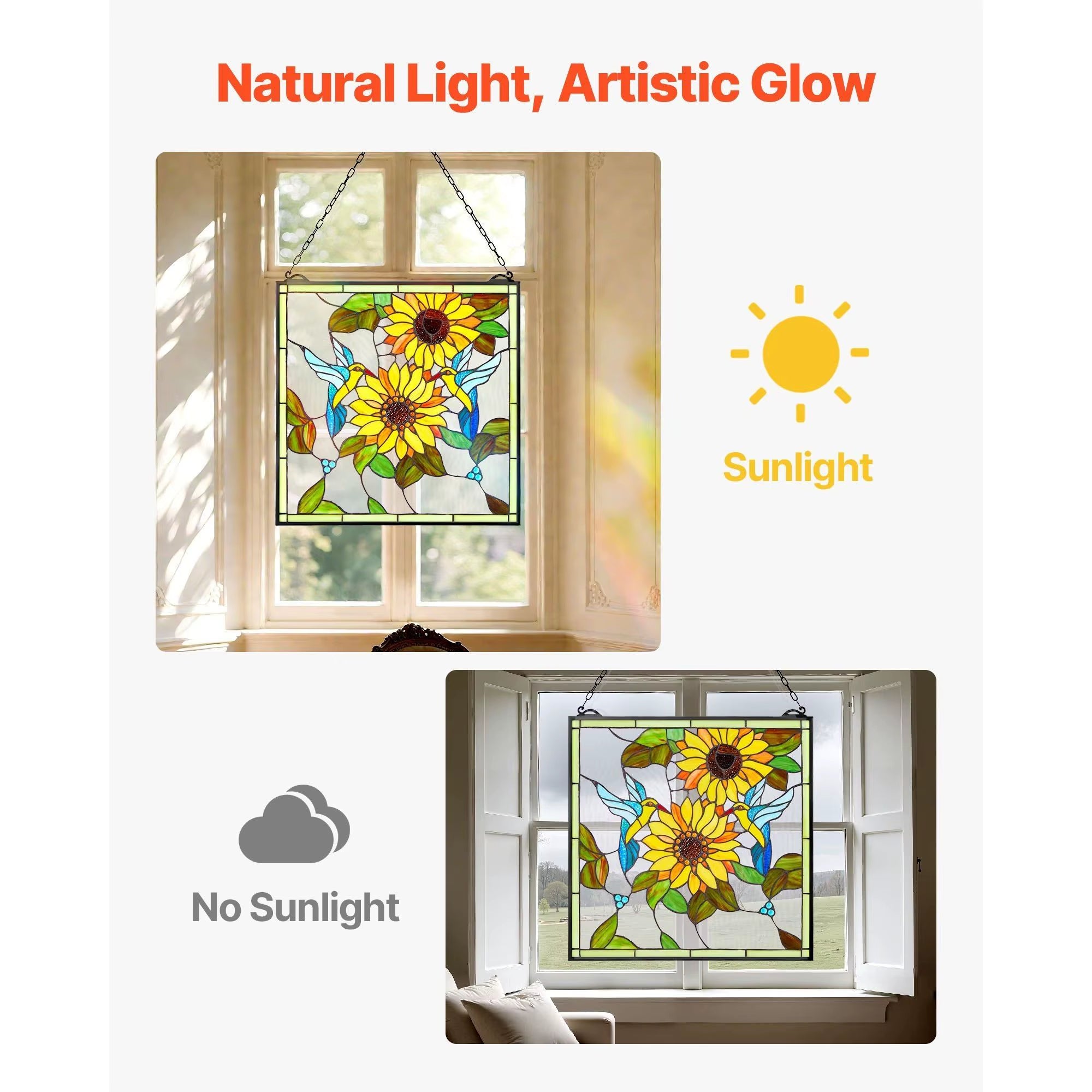 For Style 20 X 20 Inches Stained Glass Hanging Window Panel with Chain Elegant Home Decor