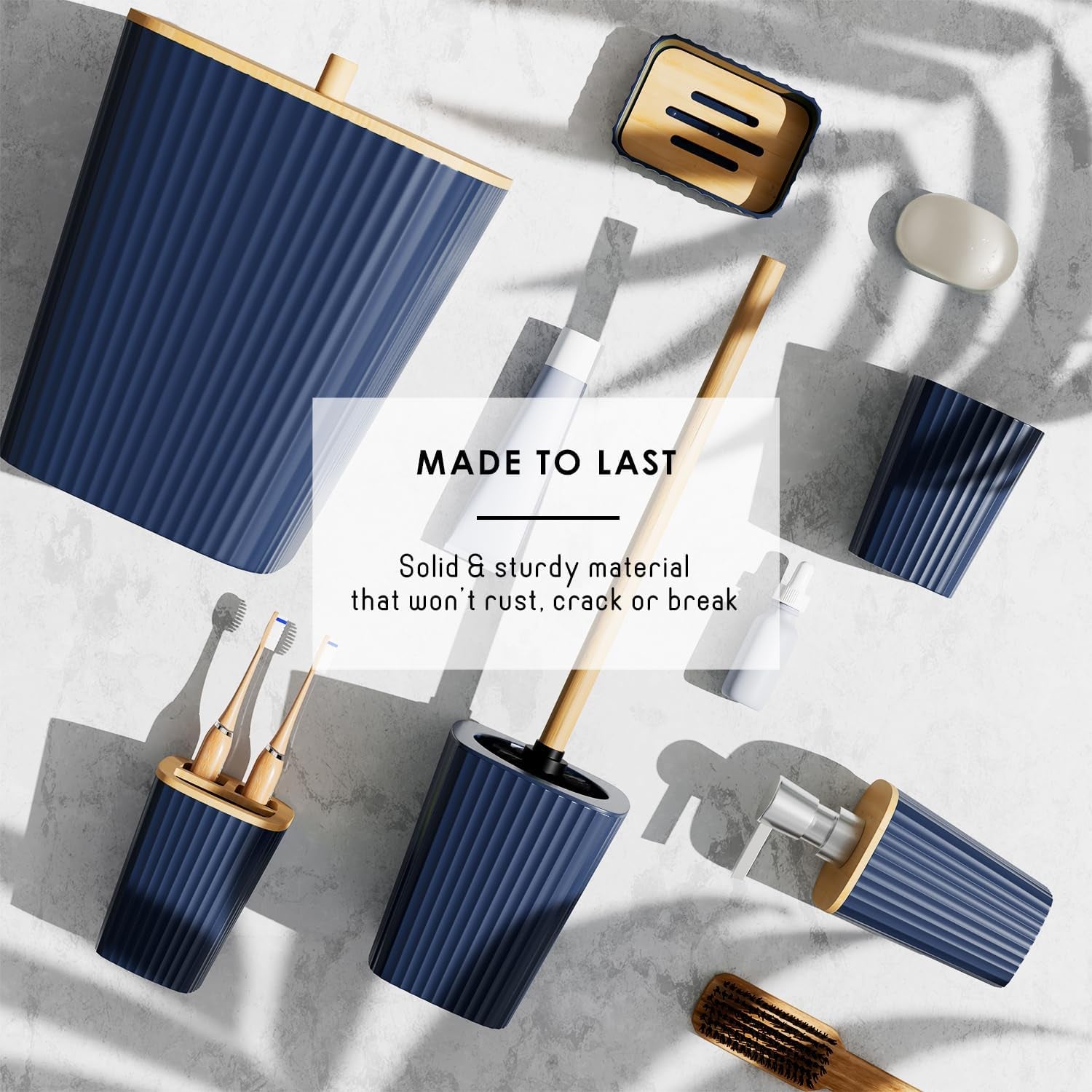 Bathroom Accessories Set - Bathroom Set, Bathroom Accessory Set, Shower Curtain Set, Toilet Brush, Trash Can & Soap Dispenser - Navy - 20PC