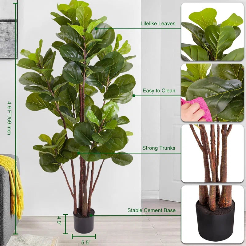 Artificial Fiddle Leaf Fig Tree - Realistic Leaf Faux Plant in Pot for Home & Office Decor