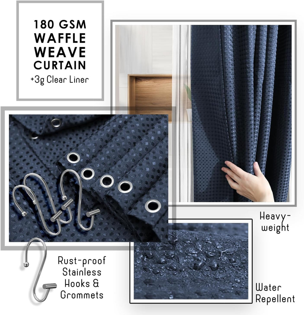 Bathroom Accessories Set - Bathroom Set, Bathroom Accessory Set, Shower Curtain Set, Toilet Brush, Trash Can & Soap Dispenser - Navy - 20PC