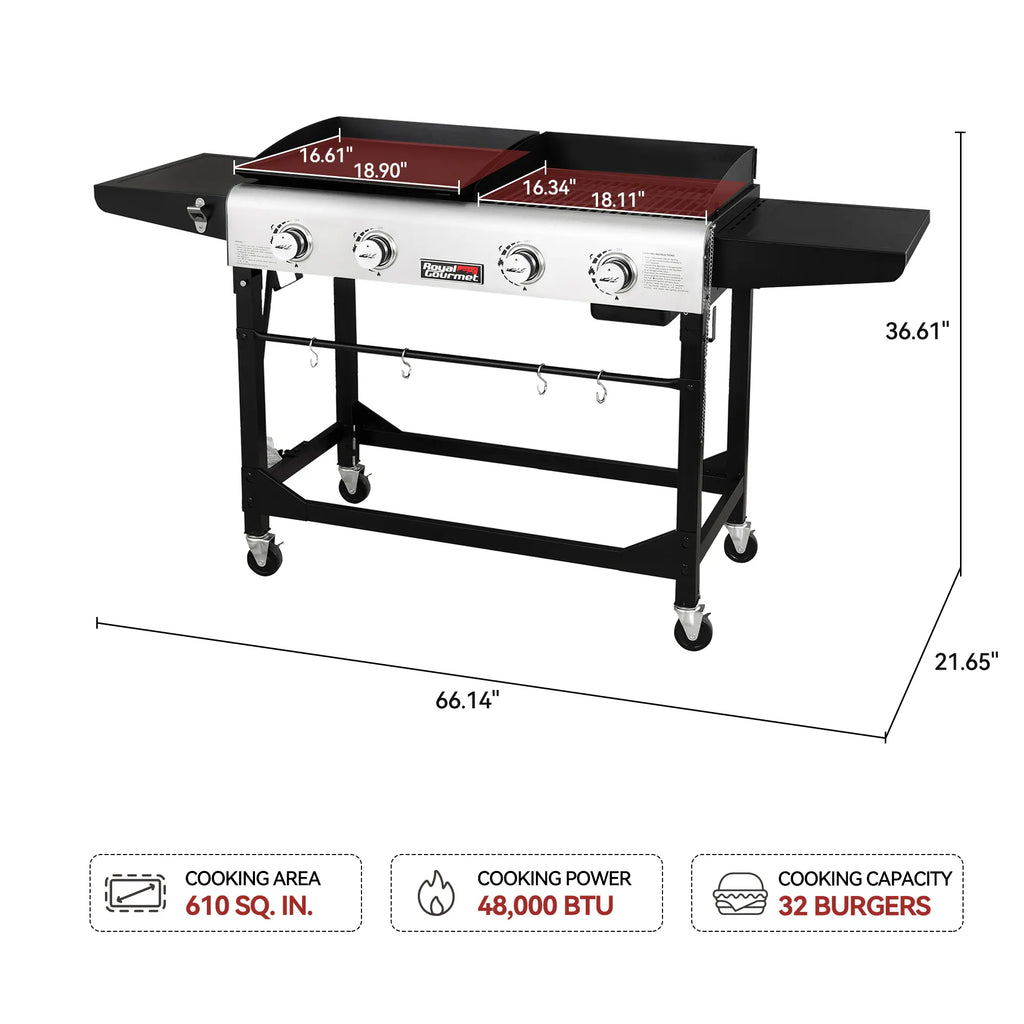 Portable Gas Grill and Griddle Combo 4 -Burner Liquid Propane Flat Top Grill