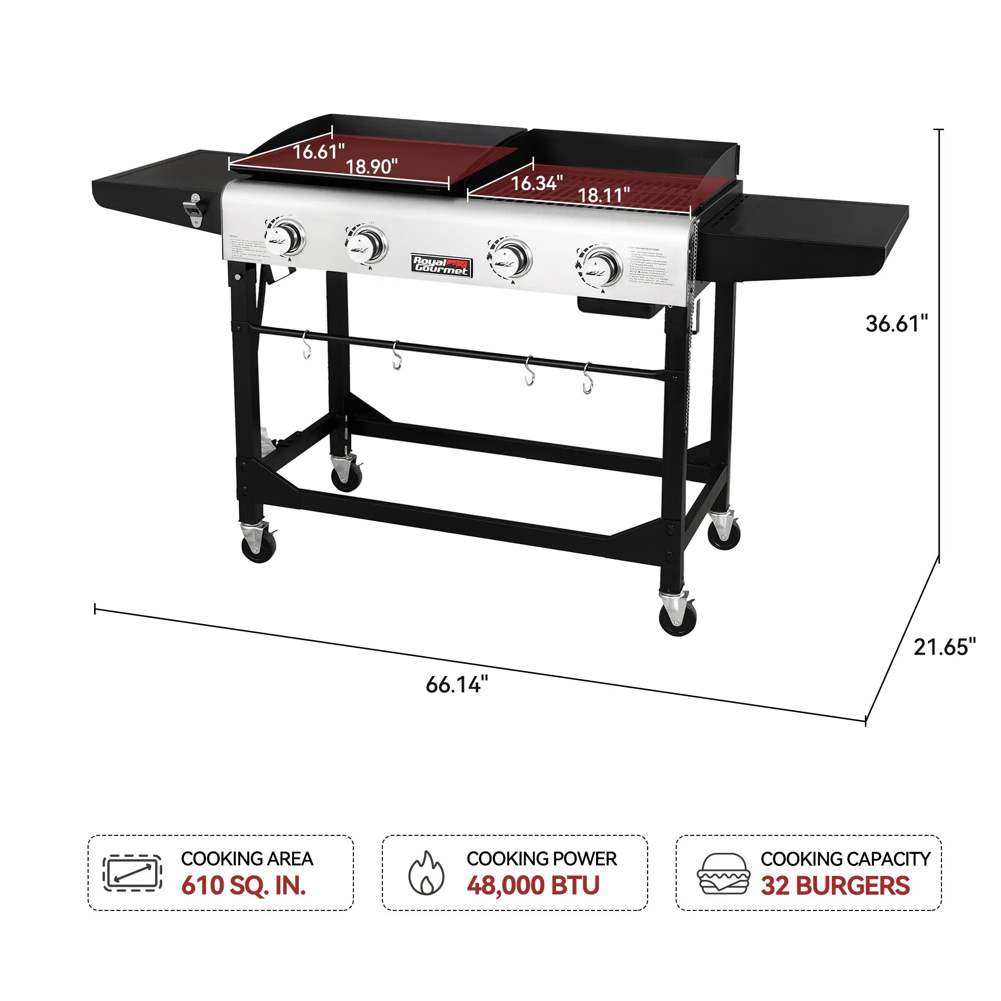 Portable Gas Grill and Griddle Combo 4 -Burner Liquid Propane Flat Top Grill