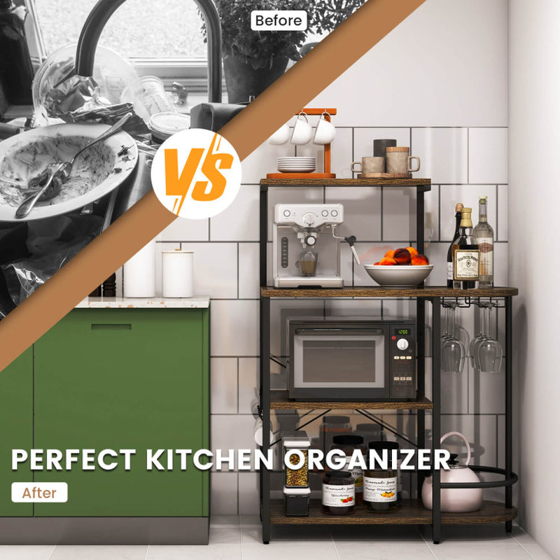 4-Tier Kitchen Bakers Rack with 6 S-Hooks and Stemware Racks