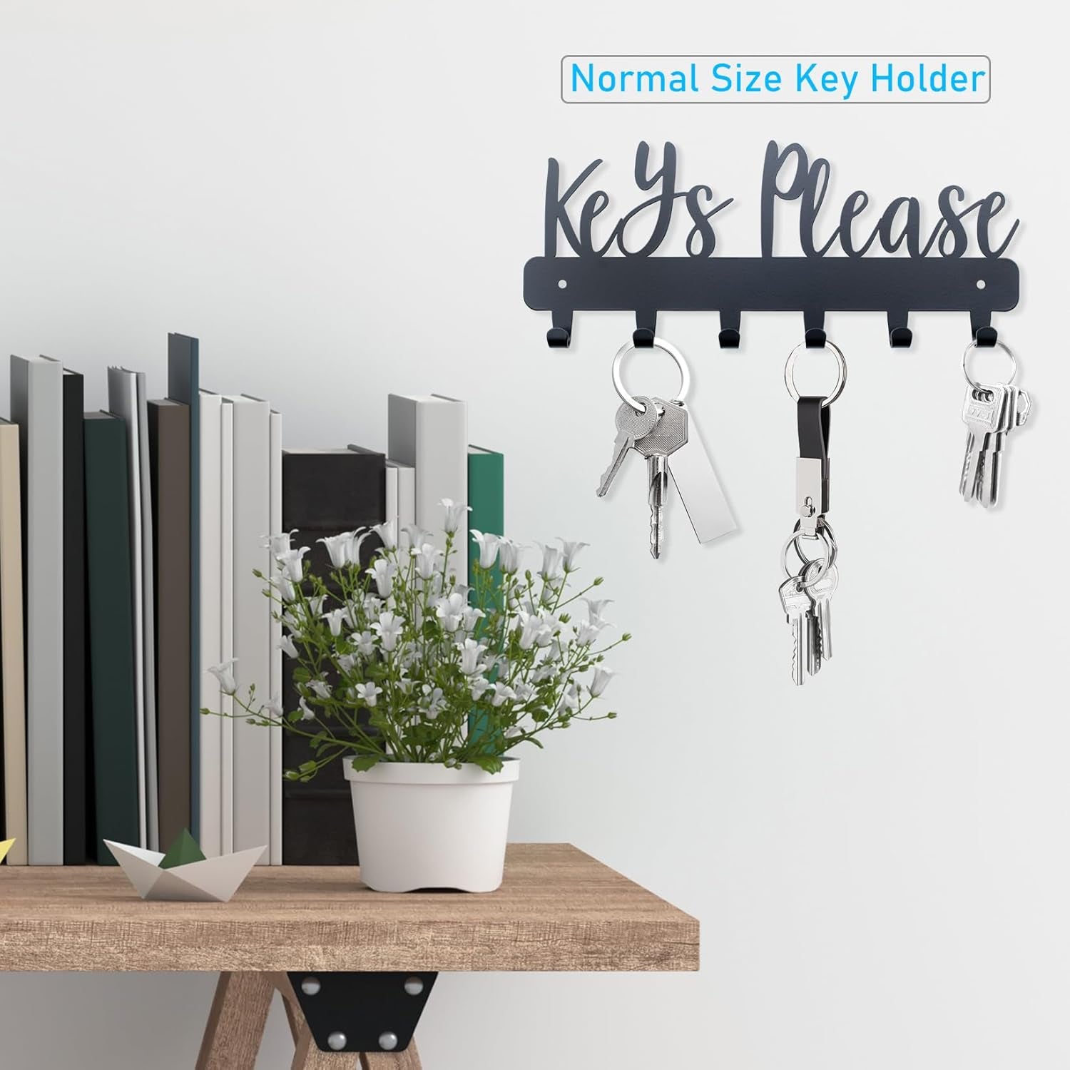 Keys Please Holder on Wall,Key Holder Wall Mounted,Black Metal Decorative Key Rack Hooks for Garage, Mudroom, Hallway,Entryway,Front Door,Office (Normal Size:11X4.57Inches)