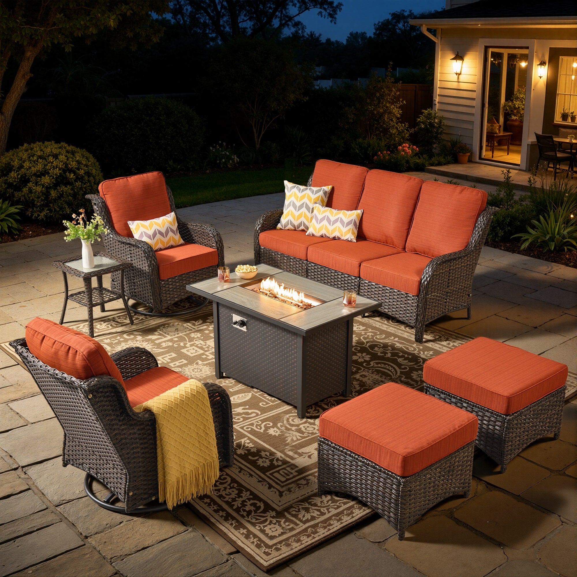 7 -Piece Wicker Patio Sofa Conversation Set with Gray Cushions
