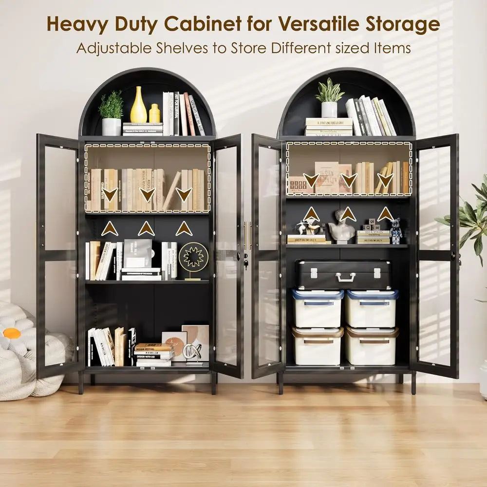 72.8 Black Tall Glass Display Cabinet with 2 Adjustable Shelves and Lock for Home Storage