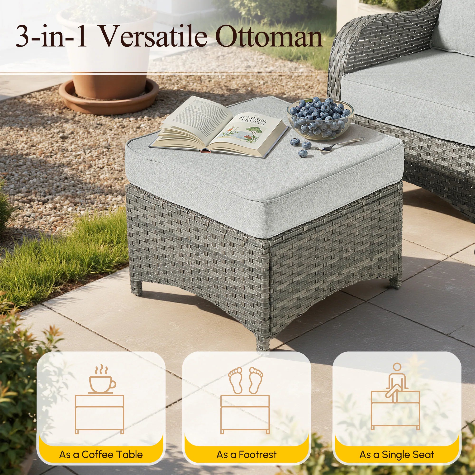 7 -Piece Wicker Patio Sofa Conversation Set with Gray Cushions