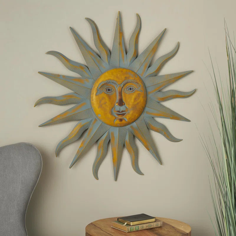 Elenna Gold Metal Indoor Outdoor Distressed Sunburst Wall Decor with Copper-Like Accents and Grooves