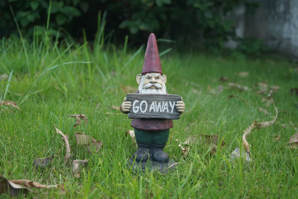Gnome Holds Go Away Sign Statue