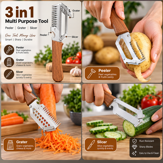 3-in-1 Vegetable Peeler Set | With Wooden Handle & Steel Blade