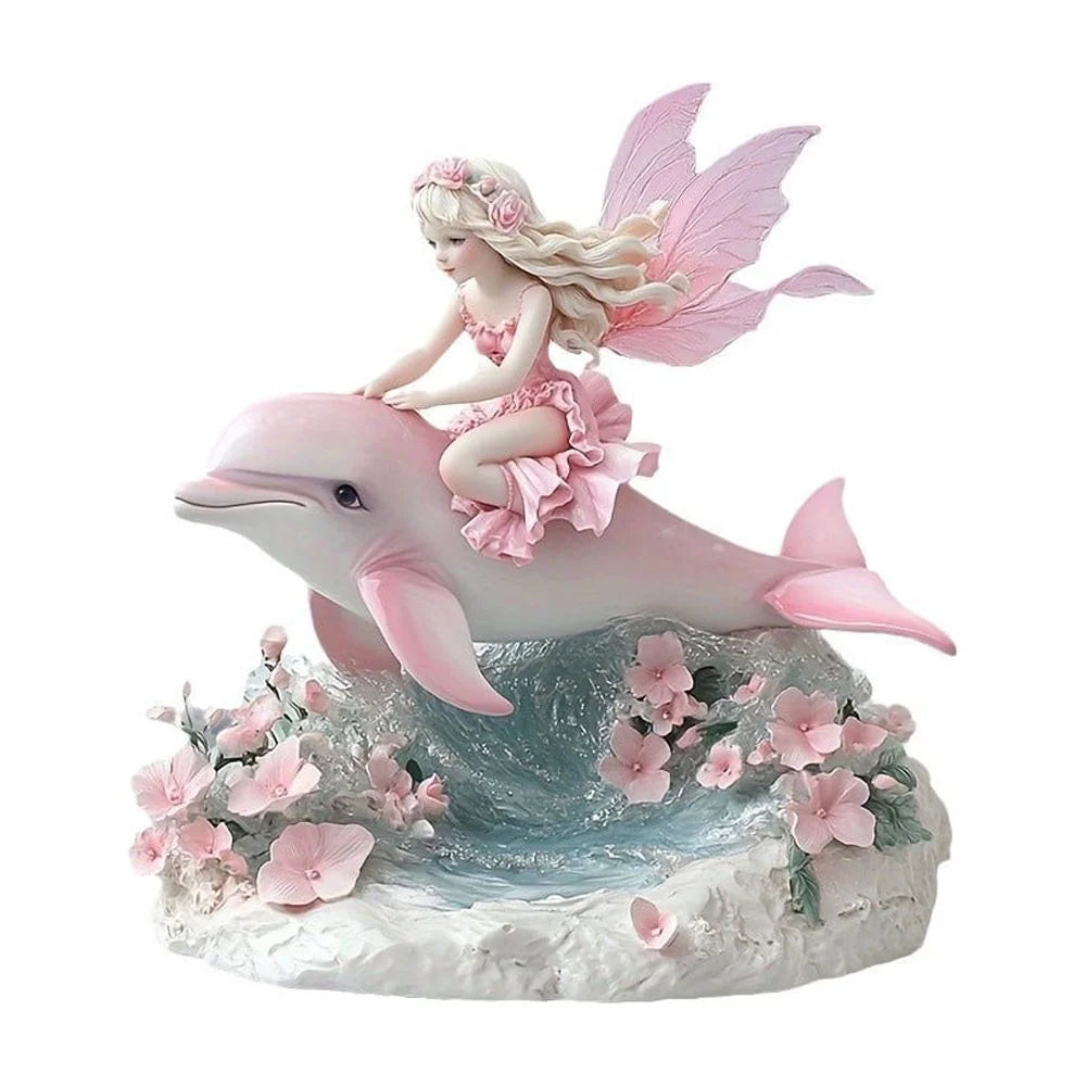 Pink Winged Fairy with Dolphin Statue Figurine Table Decor 2D Acrylic Plaque Whimsical Pink Fairy Figurines Bohe Home Decor Fairy Statues Tabletop Centerpiece Signs for Table Shelf Mantel Decorations