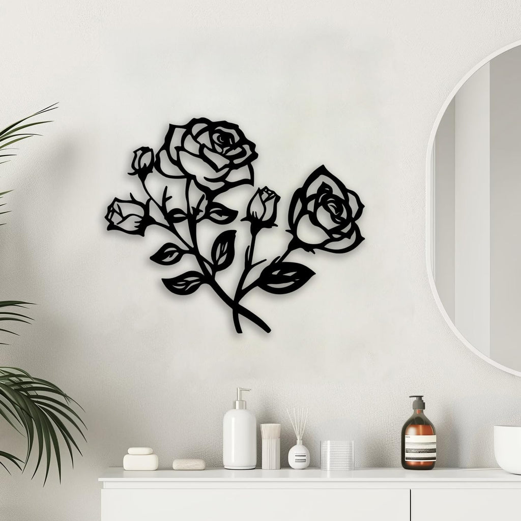 Rose Flower Metal Wall Decor - Elegant Plants Room Decor Wall Art Home Decor for Living Room, Bedroom, Dining Room, Bathroom, Office (Black)