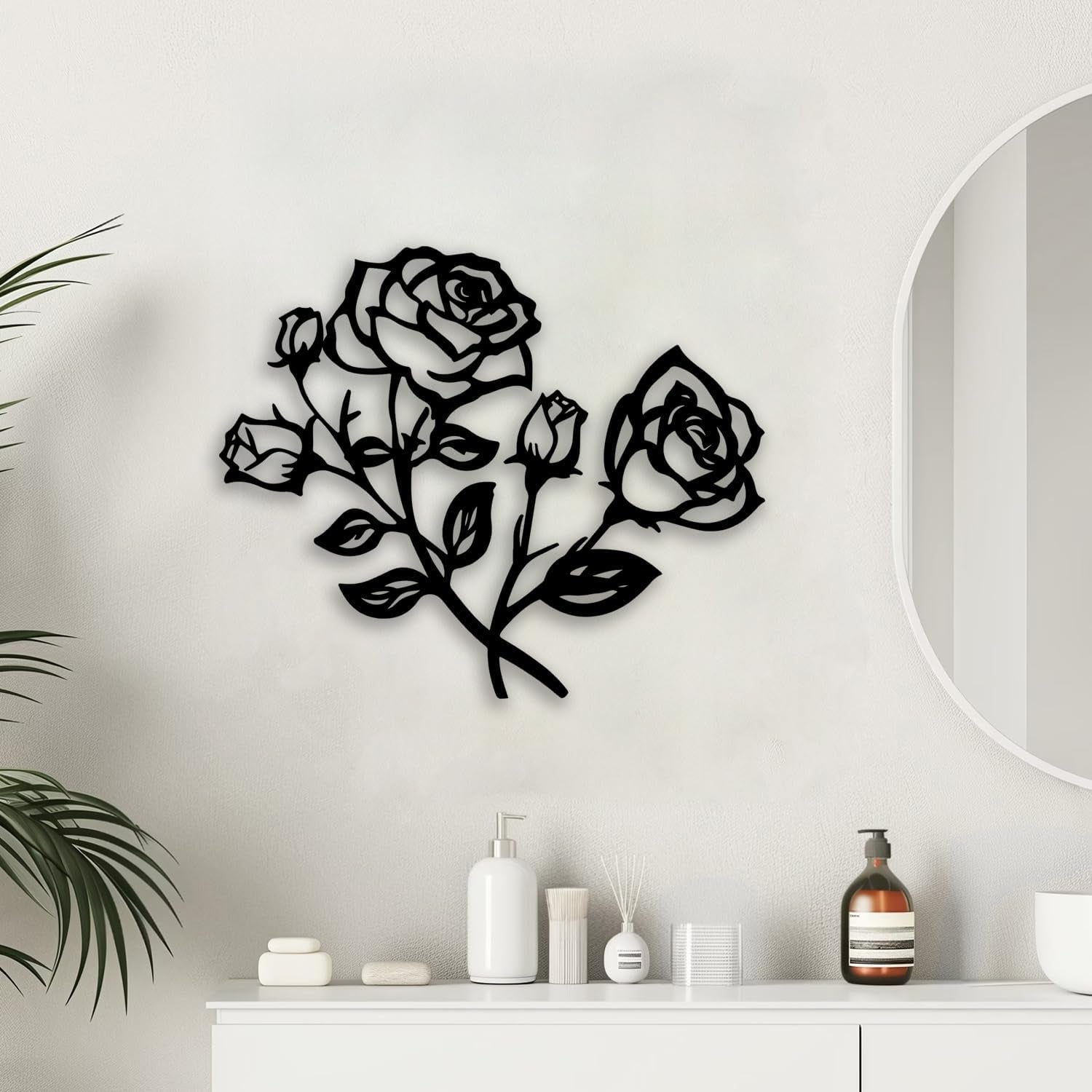 Rose Flower Metal Wall Decor - Elegant Plants Room Decor Wall Art Home Decor for Living Room, Bedroom, Dining Room, Bathroom, Office (Black)