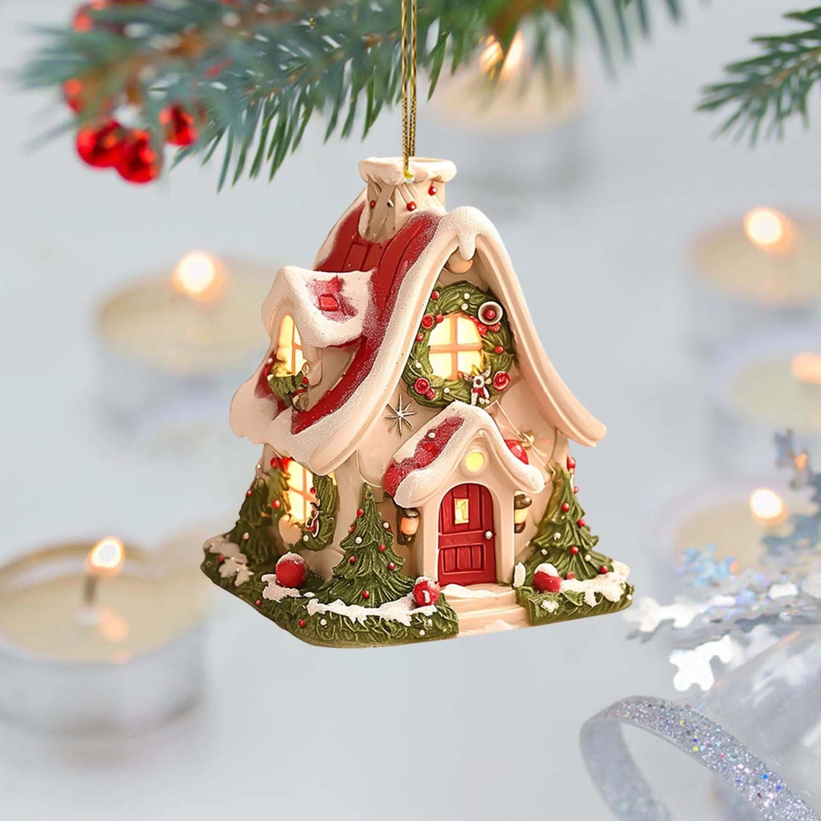 2025 Christmas Gingerbread House Ornaments, Christmas Hanging Village Houses Tree Decor, 2D Acrylic Christmas Hanging Ornaments for Christmas Tree Holiday Party Home Decoration
