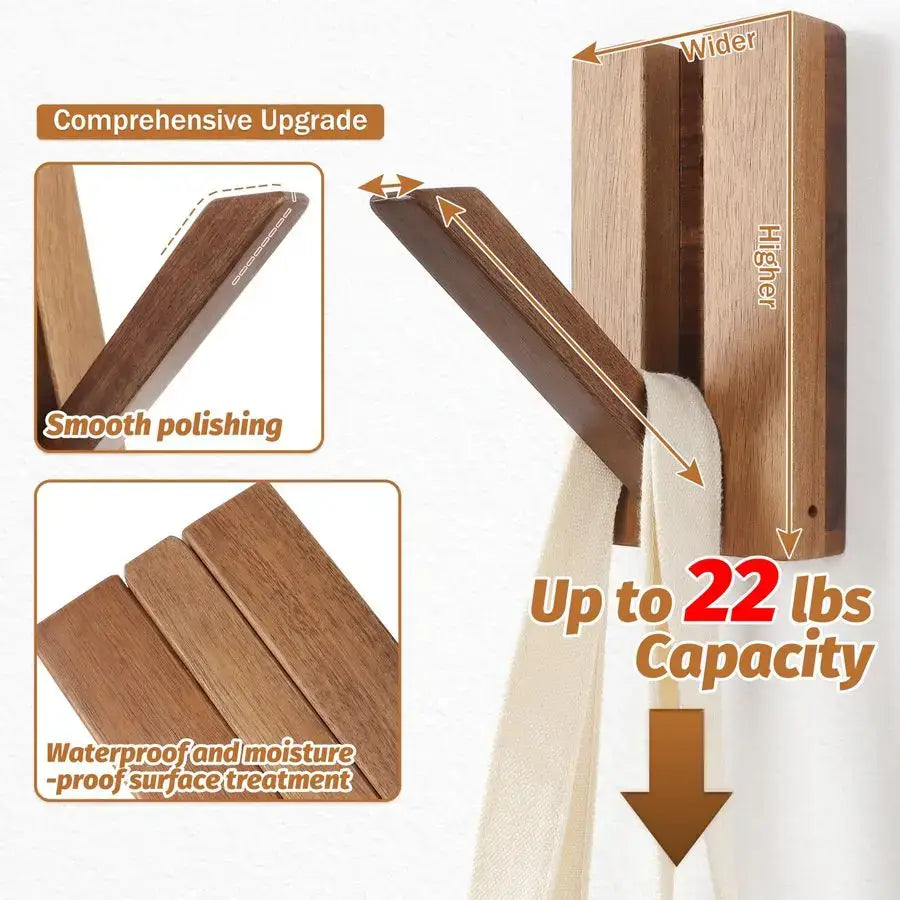 Foldable Bamboo Wall Hooks 4 Pack – Heavy Duty Space Saving Coat Rack