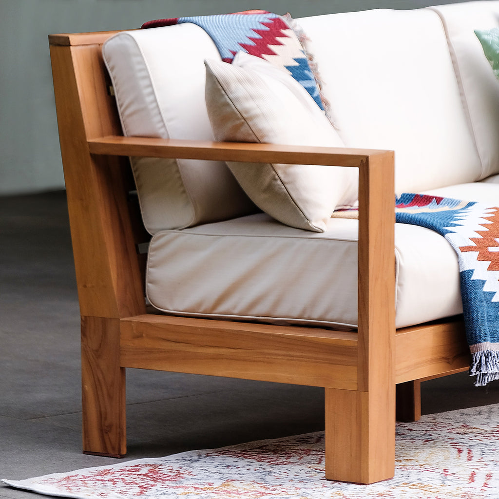 Logan Outdoor Sofa with Tan Cushions and Teak Frame