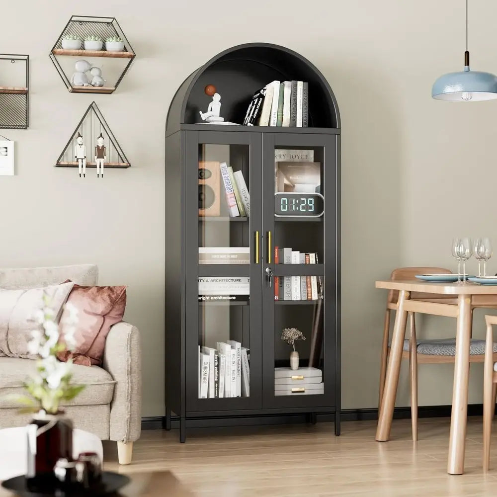 72.8 Black Tall Glass Display Cabinet with 2 Adjustable Shelves and Lock for Home Storage