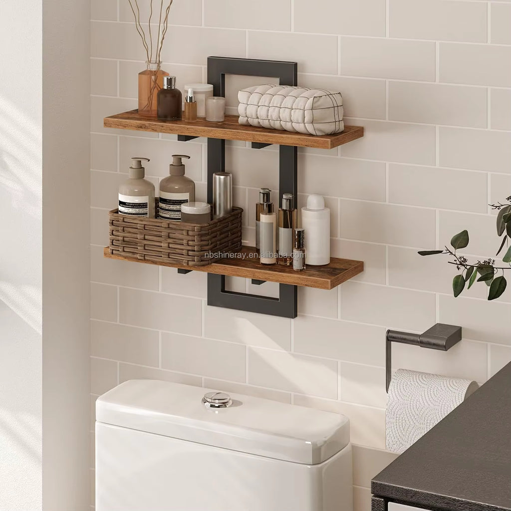 15 DIY Steel Wood Coated 2 Tier Shelves Bathroom Shelf Wall Storage Rack Wall Mounted Floating Industrial Design Home Decor