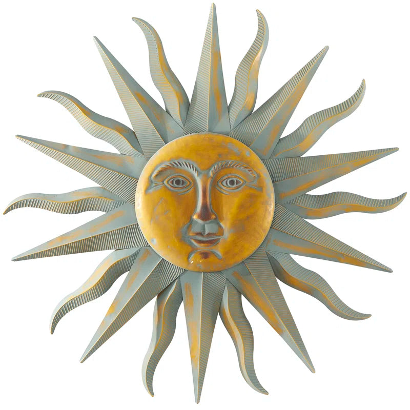Elenna Gold Metal Indoor Outdoor Distressed Sunburst Wall Decor with Copper-Like Accents and Grooves