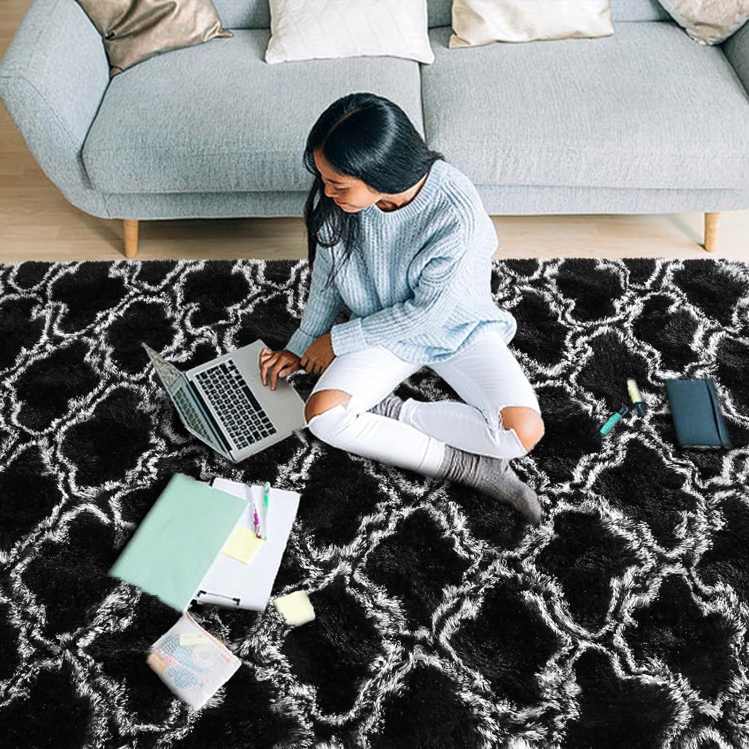 Shag Area Rug Geometric Plush Fluffy Rugs Soft Moroccan Carpet for Bedroom Living Room Floor Mat Home Decor,5X8Ft,Black/White